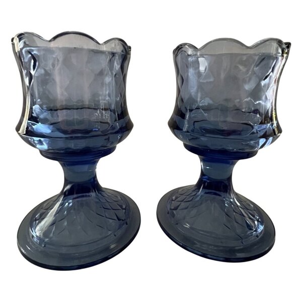 Vtg 2 Fenton Blue Pedestal Glass Candle Holders Diamond Optic Scalloped Rim - Picture 2 of 12